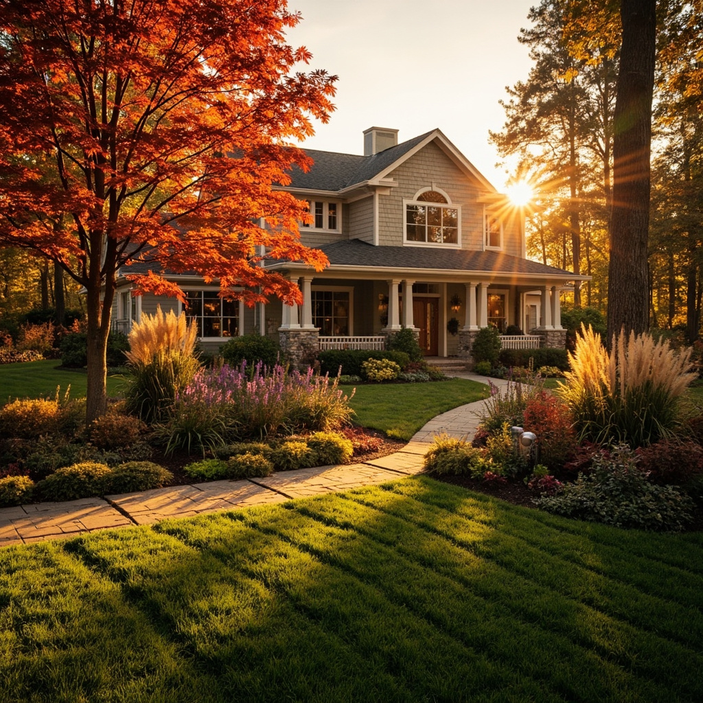 Luxurious residential landscape with fall colors featuring Japanese maples, ornamental grasses, and professional lighting in Treasure Valley