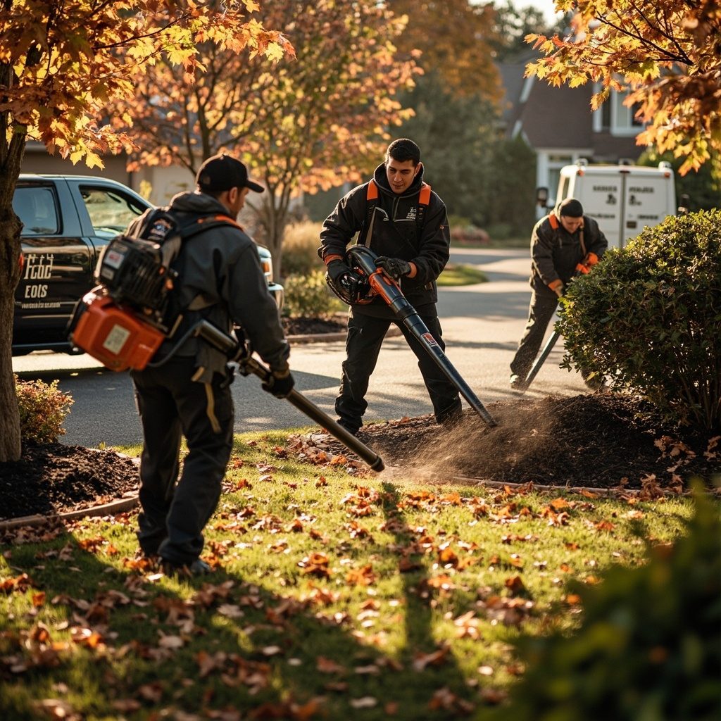 Professional landscaping crew performing fall cleanup and maintenance services