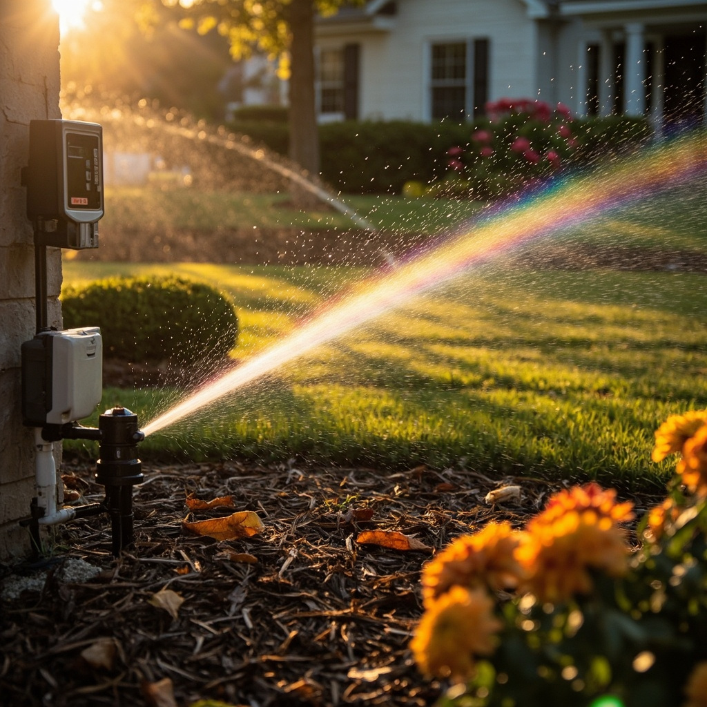 Smart irrigation system with rainbow in water spray over fall garden