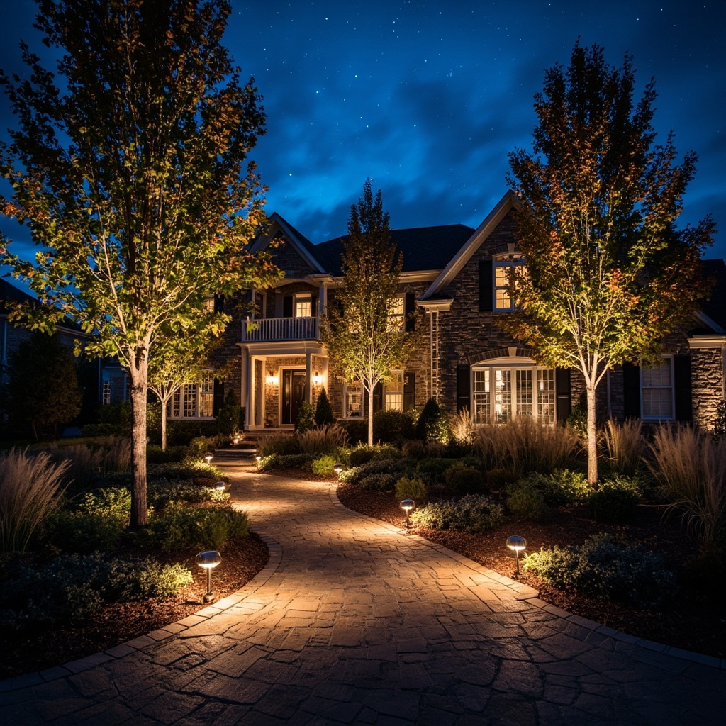 Professional outdoor landscape lighting illuminating fall foliage and pathways at twilight