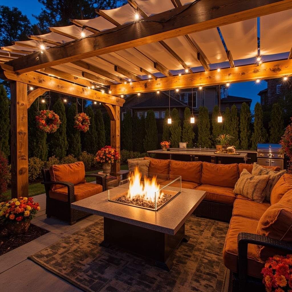 Luxurious outdoor living space with pergola, fire table, and fall decorations