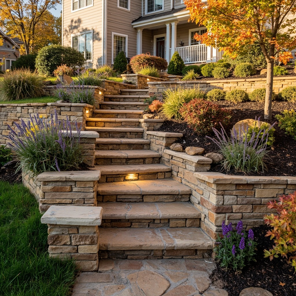 Custom multi-tiered retaining walls with natural stone and fall plantings